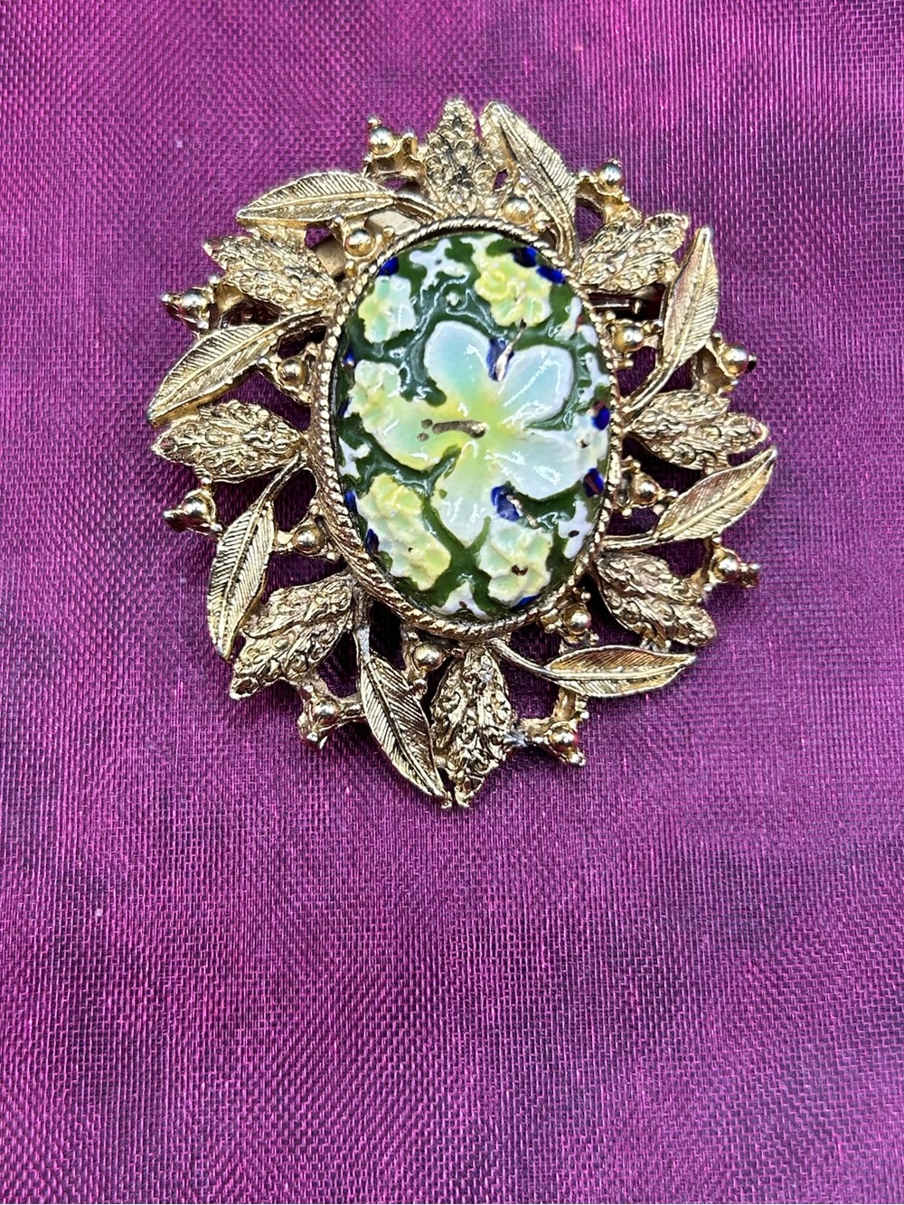 Gold Leaf Floral Porcelain Oval Brooch in Green and Yellow